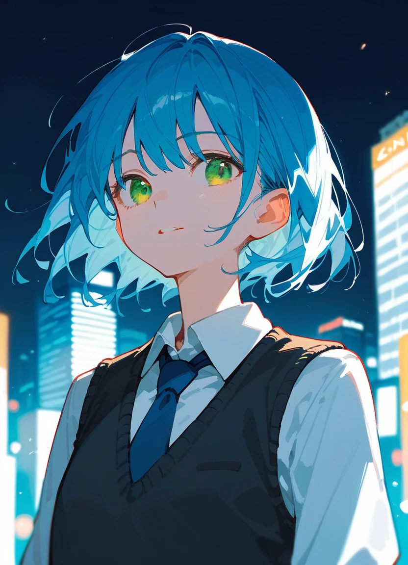 masterpiece, high quality, 8K, Beautiful lighting, One girl, alone, Green Eyes, Moderate_hair, White shirt, Sweater vest, Black vest, Blue tie, Grey Skirt, Outdoor, Upper Body, View your viewers, anime, blue hair, city, Dynamic Angle
