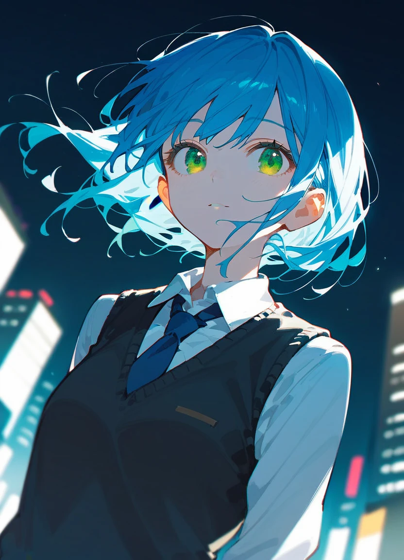 masterpiece, high quality, 8K, Beautiful lighting, One girl, alone, Green Eyes, Moderate_hair, White shirt, Sweater vest, Black vest, Blue tie, Grey Skirt, Outdoor, Upper Body, View your viewers, anime, blue hair, city, Dynamic Angle 