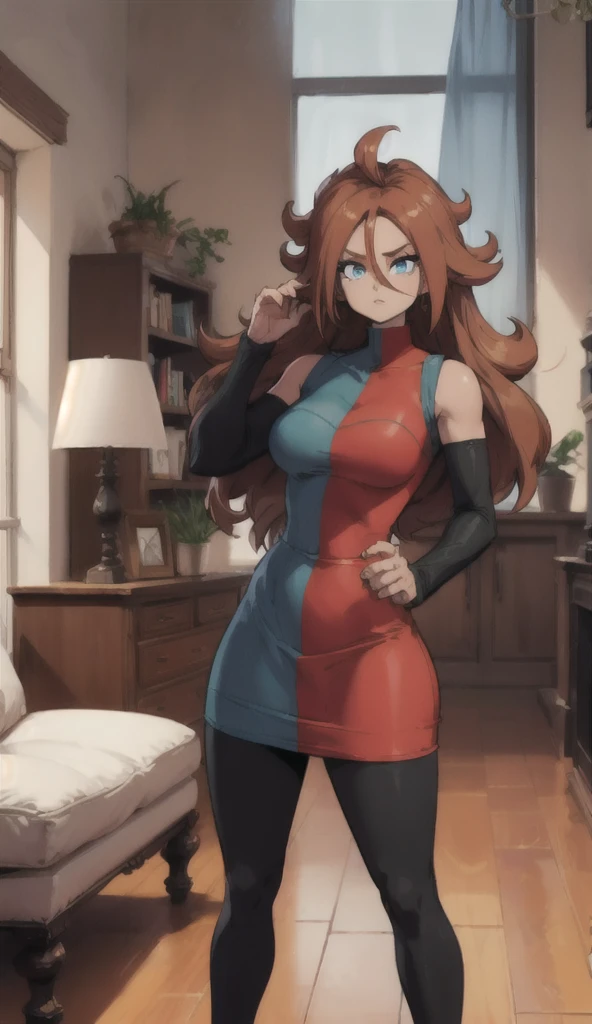 android 21, cups, long brown hair, blue colored eyes, plaid dress, pantyhose, looking to the side, pose lateral, standing, ele está standing, serious, legs spread open, livingroom, light bulb, high qualiy, work of art, 