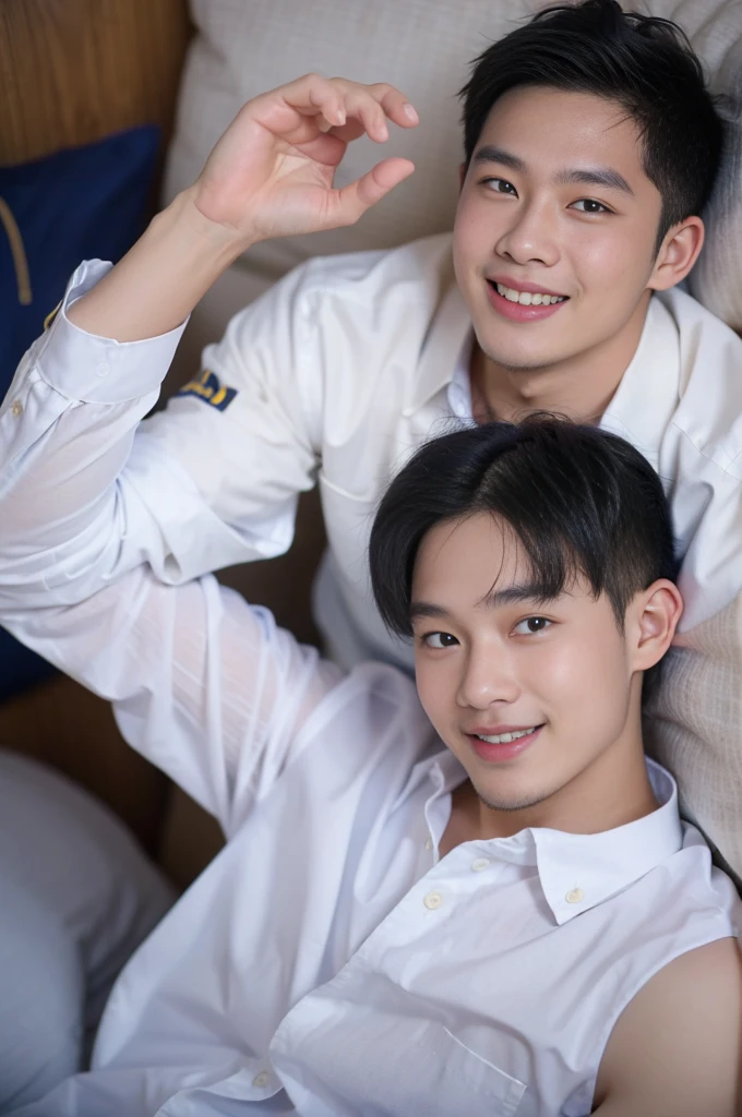 ((Highest quality, 8K, Masterpiece: 1.3))、Thailand Laos Burma Asia, Thai man, A handsome Asian rugby player with short hair, a muscular beard, and big muscles., 1A man who has、 yo、Good appearance、Beautiful nose、smile、 Detailed eyes and face、beautiful light、(studio)、high resolution、(Look at the viewer.)、Fine mouth、smile、whole body: 1.5, perfect shape: 1.3, looking at camera ,Gray button-down shirt , bedroom sunlight looking at the sea