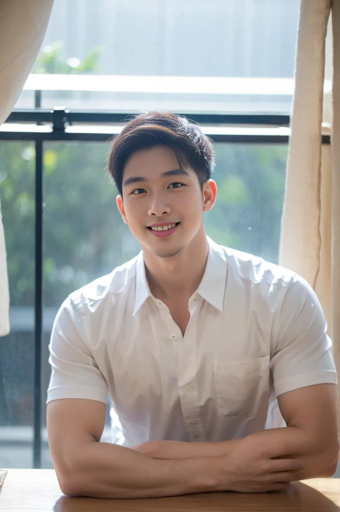 ((Highest quality, 8K, Masterpiece: 1.3))、Thailand Laos Burma Asia, Thai man, A handsome Asian rugby player with short hair, a muscular beard, and big muscles., １A man who has、 yo、Good appearance、Beautiful nose、smile、 Detailed eyes and face、beautiful light、(studio)、high resolution、（Look at the viewer.）、Fine mouth、smile、whole body: 1.5, perfect shape: 1.3, looking at camera ,Gray button-down shirt , bedroom sunlight looking at the sea