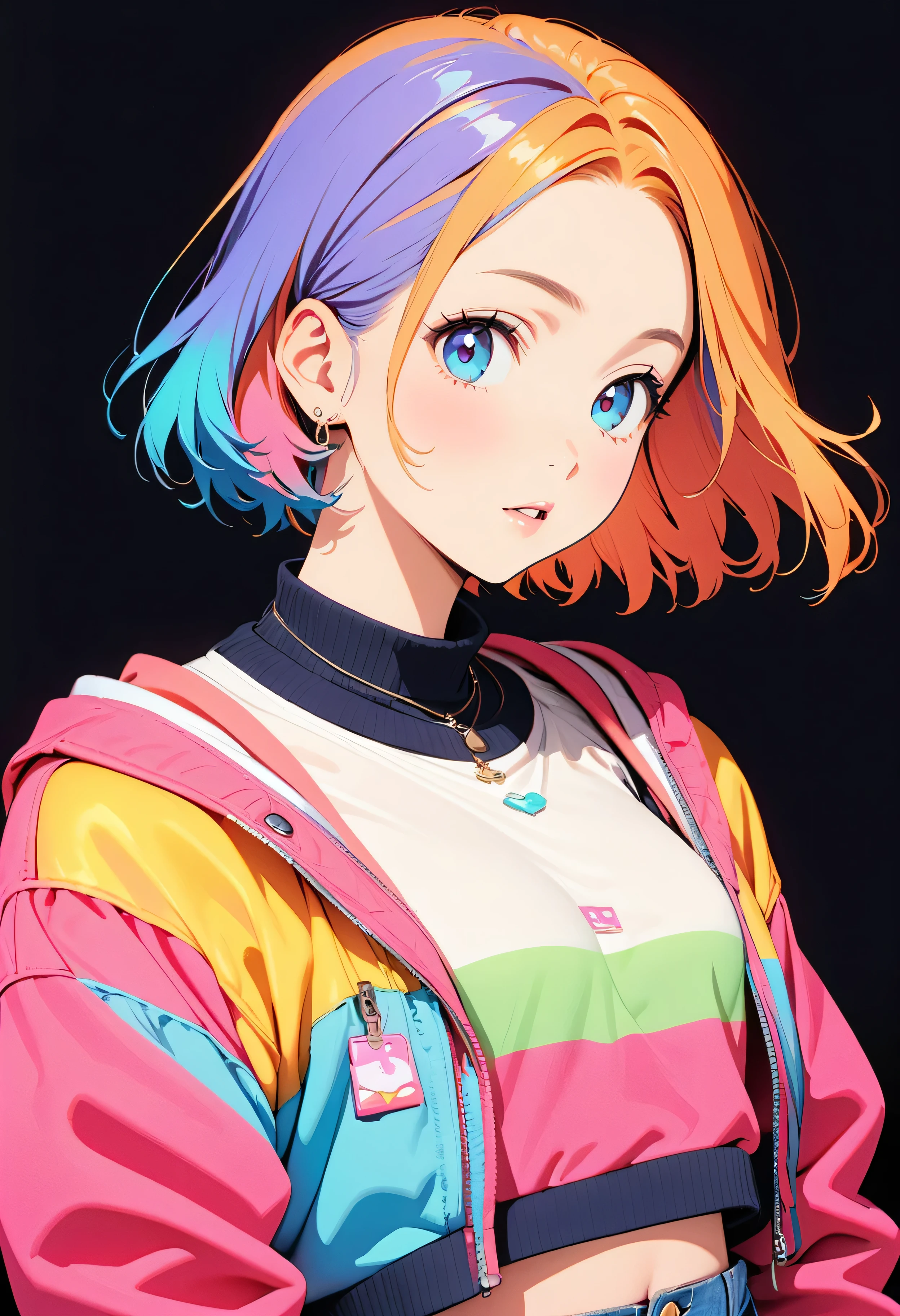 (Highest quality:1.2, City Pop Style, Very detailed, up to date, Vibrant, High Contrast, masterpiece:1.2, Highest quality, Best aesthetics), girl, ((Face Up Shot:1.4)), Colorful Hair, pastel colour, 1980s style, ((Retro, Vintage, Plain background))