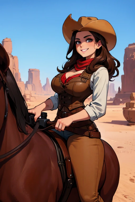 perfect face, perfect hands A brown haired female cowgirl with copper eyes with an hourglass figure in a conservative cowgirl outfit is riding a horse into the desert with a big smile