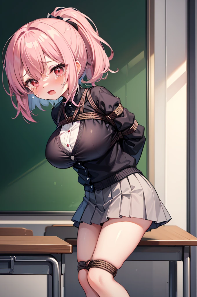 nsfw,((Masterpiece)),((high resolution)),((Best Quality)),Anime illustration,(((1girl))),(wavy hair),(short hair),(pale pink hair color),small ponytail,Red eyes,(Big round eyes),((tareme)),,((loli face)),gasm,drunken eyes,((very big breasts)),Short stature,Young,,,cardigan,mini skirt,Feeling embarrassed,Are crying,classroom,rope bondage,arms behind back,bound arms,bound breasts,restrained,