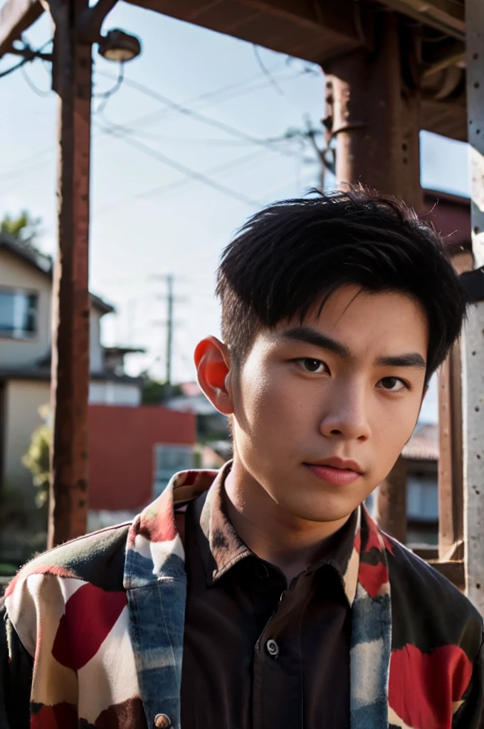 A young Asian man with large muscles looks at the camera. In a dark red button-up shirt. , measure , Normal sunlight