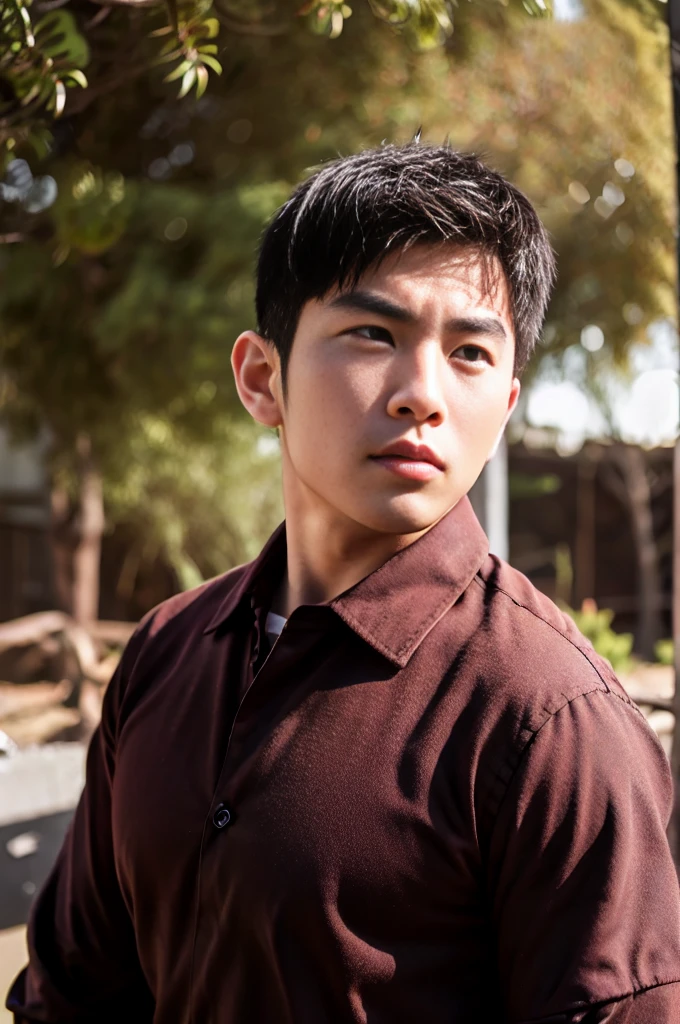 A young Asian man with large muscles looks at the camera. In a dark red button-up shirt. , measure , Normal sunlight