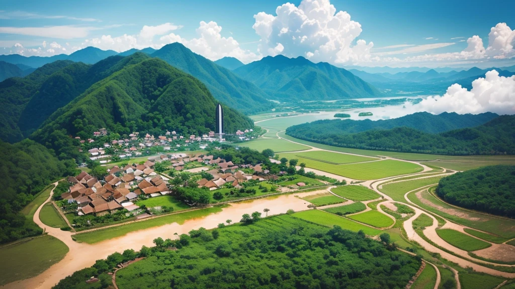 Beautiful scenery of ancient village in Malaysia. Aerial view. Photorealistic photos, High definition. 8K