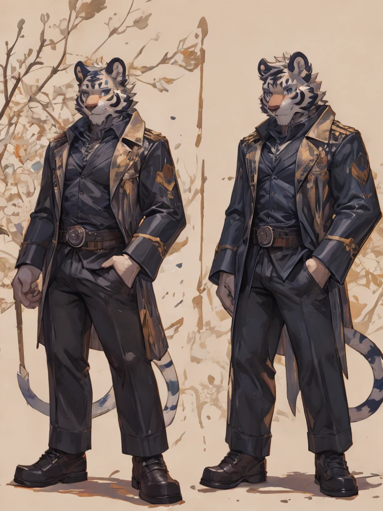 {{bara extremely handsome white tiger,}} {{white fur,}} white, wearing elegant ornate suit jacket, trousers, white dress shirt and necktie, white fluffy furry body and limbs, loafers, very tall, very broad shoulders, narrow waist, muscular arms, massive pecs, purple eyes, very long legs, massive bulge, sophisticated hot look, full body, 3/4 view, best quality, high quality, silver earring on left ear, sultry smirk, multiple views, character sheet