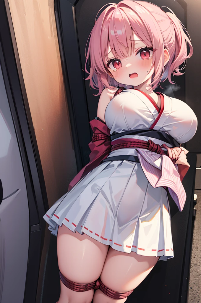 nsfw,((Masterpiece)),((high resolution)),((Best Quality)),Anime illustration,(((1girl))),(wavy hair),(short hair),(pale pink hair color),small ponytail,Red eyes,(Big round eyes),((tareme)),12 years old,((loli face)),orgasm,drunken eyes,((very big breasts)),Short stature,Young,,kimono,mini skirt,Feeling embarrassed,Are crying,rope bondage,arms behind back,bound arms,bound breasts,restrained,