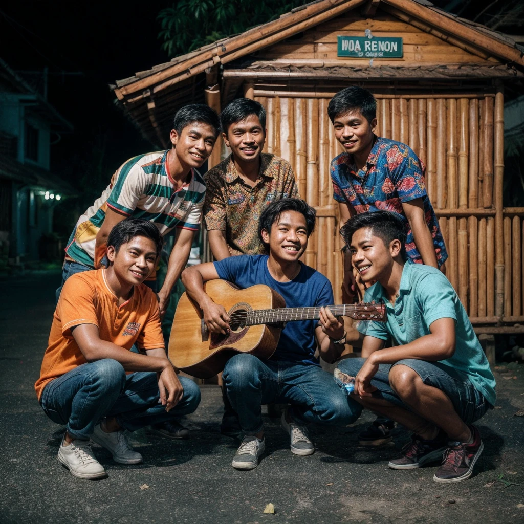 A stunning, high-quality photograph of six Indonesian man, aged 20, gathered on a residential street at night. They are wearing casual clothes in a variety of vibrant colors, creating a lively and diverse scene. One of the youths is playing an acoustic guitar, contributing to the cheerful atmosphere. In the background, a bamboo hut with a 'Pos Ronda' label adds a touch of local charm to the image. The photo is expertly captured using DSLR, showcasing the natural beauty and detailed expressions of the subjects. This portrait photography masterpiece beautifully captures the essence of youth, camaraderie, and the Indonesian culture., wildlife photography, photo, portrait photography