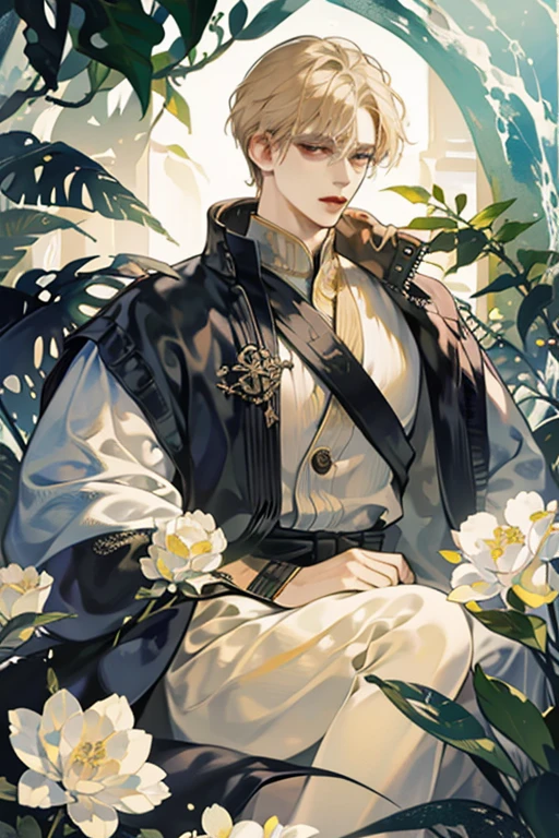 male性,male,Light Hair,good looking,Soft Lighting,water ink,Low saturation,Low contrast,flower,薔薇のflower束,Overbearing and charismatic,Gorgeous,Dignity,Intimidation