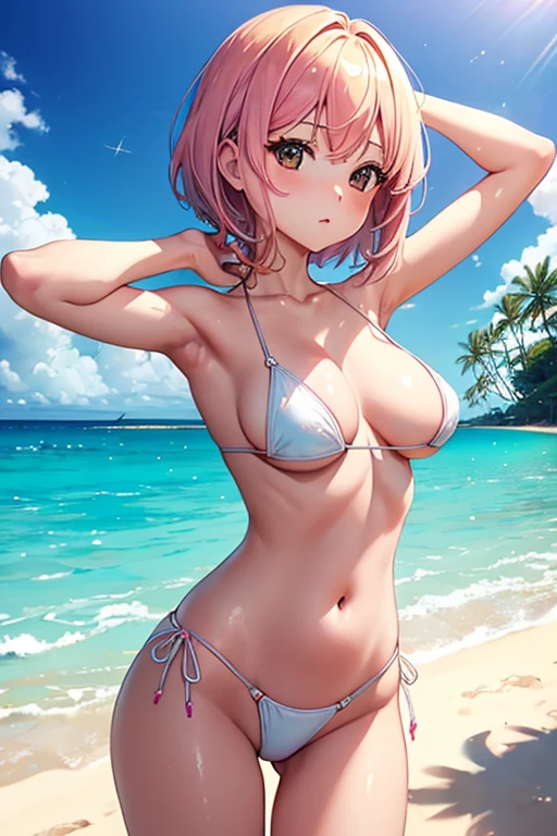 (((Stretch your legs and rotate your hips)))、((Shiny swimwear)))、White micro bikini、Beautiful beauty、Clean, fresh hair、Golden Hair、((whole body))、(((Photo taken from below)))、Hawaii、Beach、Ocean、Sandy Beach、Large Breasts、Big Breasts、Japanese、tall、Long limbs、Hairstyle: Short Bob、Beautiful belly button、The swimsuit is small、(((Topless)))、((topless)))、Pink nippleodel-like style