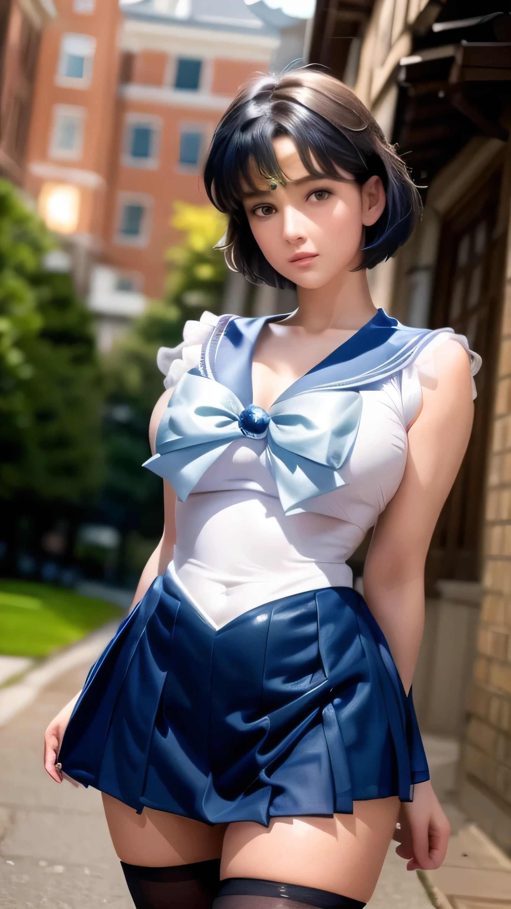 A detailed and vibrant image of a character similar to Ami Mizuno from Sailor Moon, standing in an iconic pose with a background of a starry night sky. She is wearing a classic sailor suit with a white bodice, blue skirt, black stockings, and blue ribbon. Her short blue hair frames her face, and wearing golden tiara, and her eyes are large and expressive, showing intelligence and grace. The background includes the moon and stars to enhance the magical atmosphere