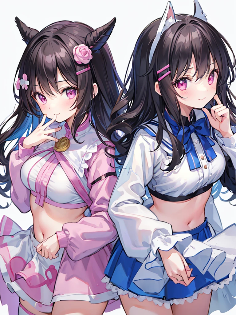 best quality, super fine, 16k, extremely detailed, delicate and dynamic, cute woman, ,black hair, pink eyes, A detailed eye, source_anime, high detail, hair ornament, small breasts,light blue bra, light blue panties, Two-side-up,smile、Young features, looking at viewer, (white background:1.3),long-sleeve,fluffy sleeves, fluffy hair、Elementarr hand on your face, hair clips、Black Stockings,standing, underwear,(Mixed wrestling:1.3),teenage girl、belly button、skirt、autiful illustrations, highest quality, pretty girl,beautiful girl、clear face、 half girl、pastel colour ,blonde、black hair、smile、blush、にこやかなsmile、thighs、(two girls:1.1)、perfect hands、five fingereet、facing each other、(Two girls are attacking us:1.1)