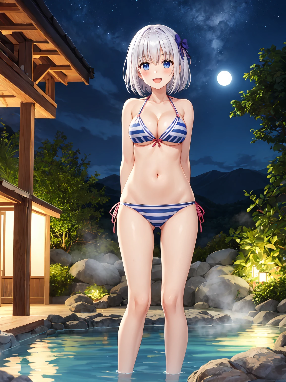Masterpiece ,best quality , high resolution , (1 girl solo:1.38) , (origami tobiichi ast, short hair, blue eyes white hair, hairpin) , (cleavage:1.2) , (medium breast:1.28) , (wear yukata , inside wear bikini ) , (cleavage:1.15) , (big breast:1.1) , (face view , front view , from front , look at view ) , (outdoor , in hot_spring , night , hot_spring hotel , pound , night , moonlight) , (arms behind back , hands behind back) , (standing in hot spring , thighs ) , ( smile , open mouth , full face blush , shy )