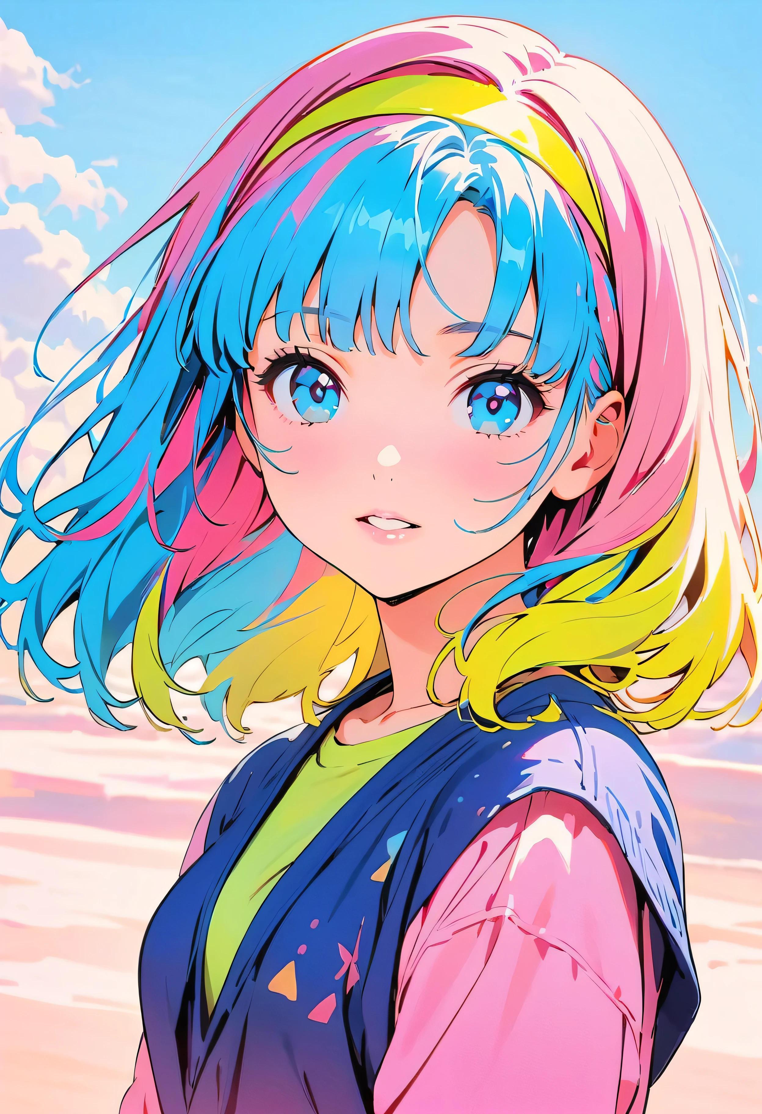 (Highest quality:1.2, City Pop Style, Very detailed, up to date, Vibrant, High Contrast, masterpiece:1.2, Highest quality, Best aesthetics), girl, ((Face Up Shot:1.4)), Colorful Hair, pastel colour, 1980s style, ((Retro, Vintage, Plain background))