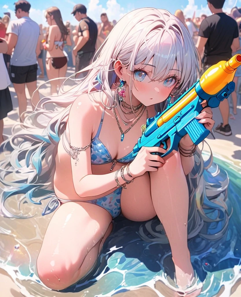 8K,gal,an extremely delicate and beautiful,Beautiful and realistic skin,Shiny jewel-like earrings,Long colorful hair,beautiful eyes,full body,head to toe,beautiful regs,bikini
,summer music festival,have a water gun