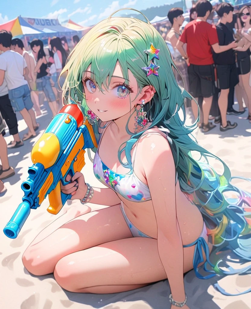 8K,gal,an extremely delicate and beautiful,Beautiful and realistic skin,Shiny jewel-like earrings,Long colorful hair,beautiful eyes,full body,head to toe,beautiful regs,bikini
,summer music festival,have a water gun
