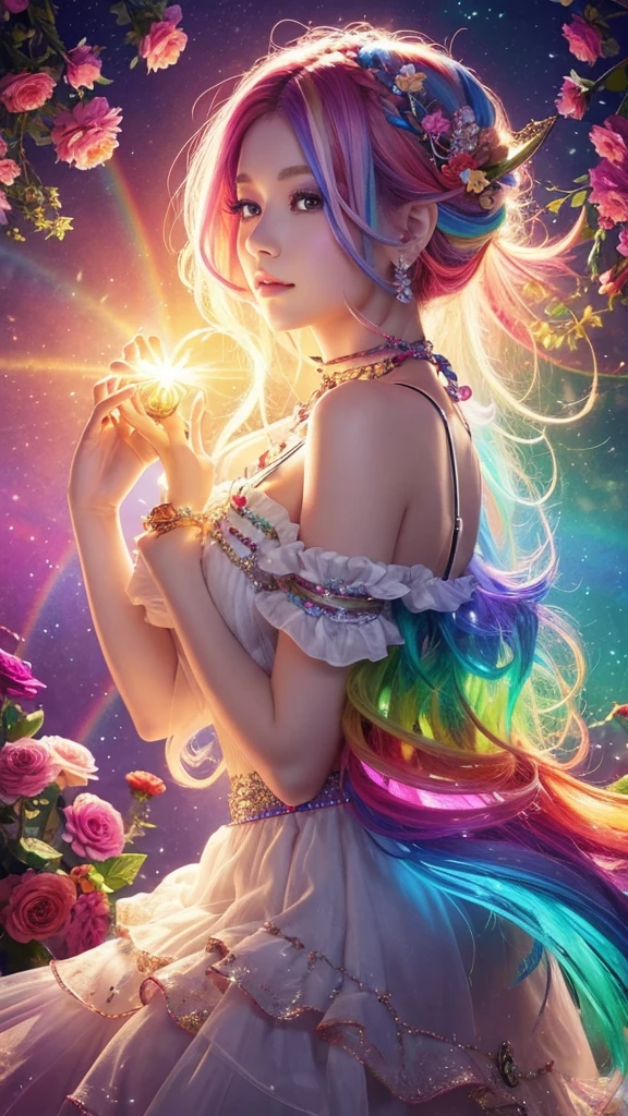 The image you provided appears to be a digital artwork featuring a character with vibrant, multi-colored hair holding a crystal. The background is filled with colorful elements like rainbows and flowers, creating a whimsical and fantastical atmosphere.front face,from the chest up waiting to start 
