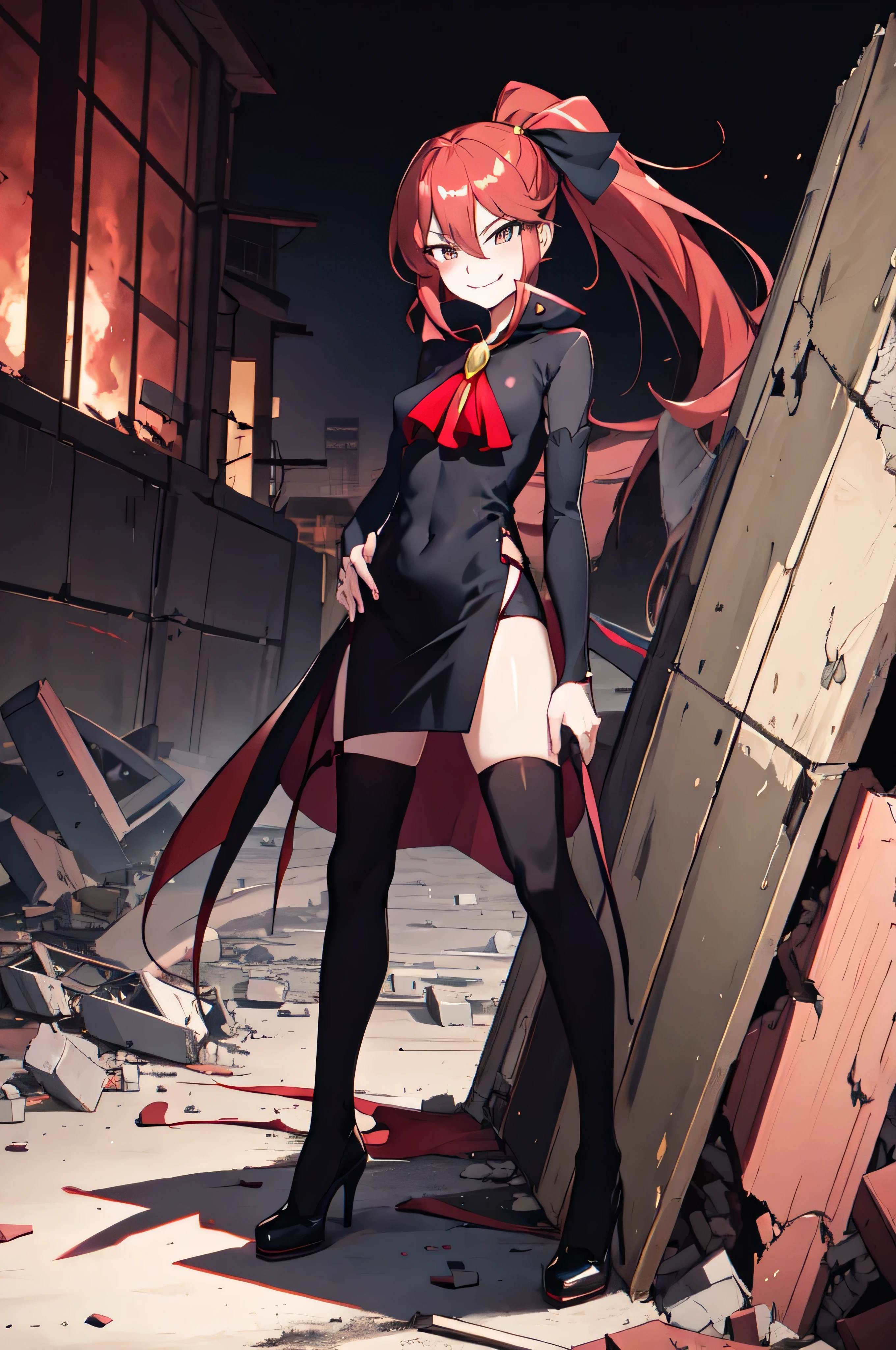 Highest quality, masterpiece, One Girl,Not beautiful, Red Ponytail, Long dress, brooch, Hair Ribbon, - Elbow hand pockets, Black knee socks, Standing on the rubble,Red cityscape, (Wicked Smile:1.1), ,,Dark shadowed face,Sadistic smile,Malice,Contempt,smile,latex,Bad face,,Red Skirt,Raging Thunder



