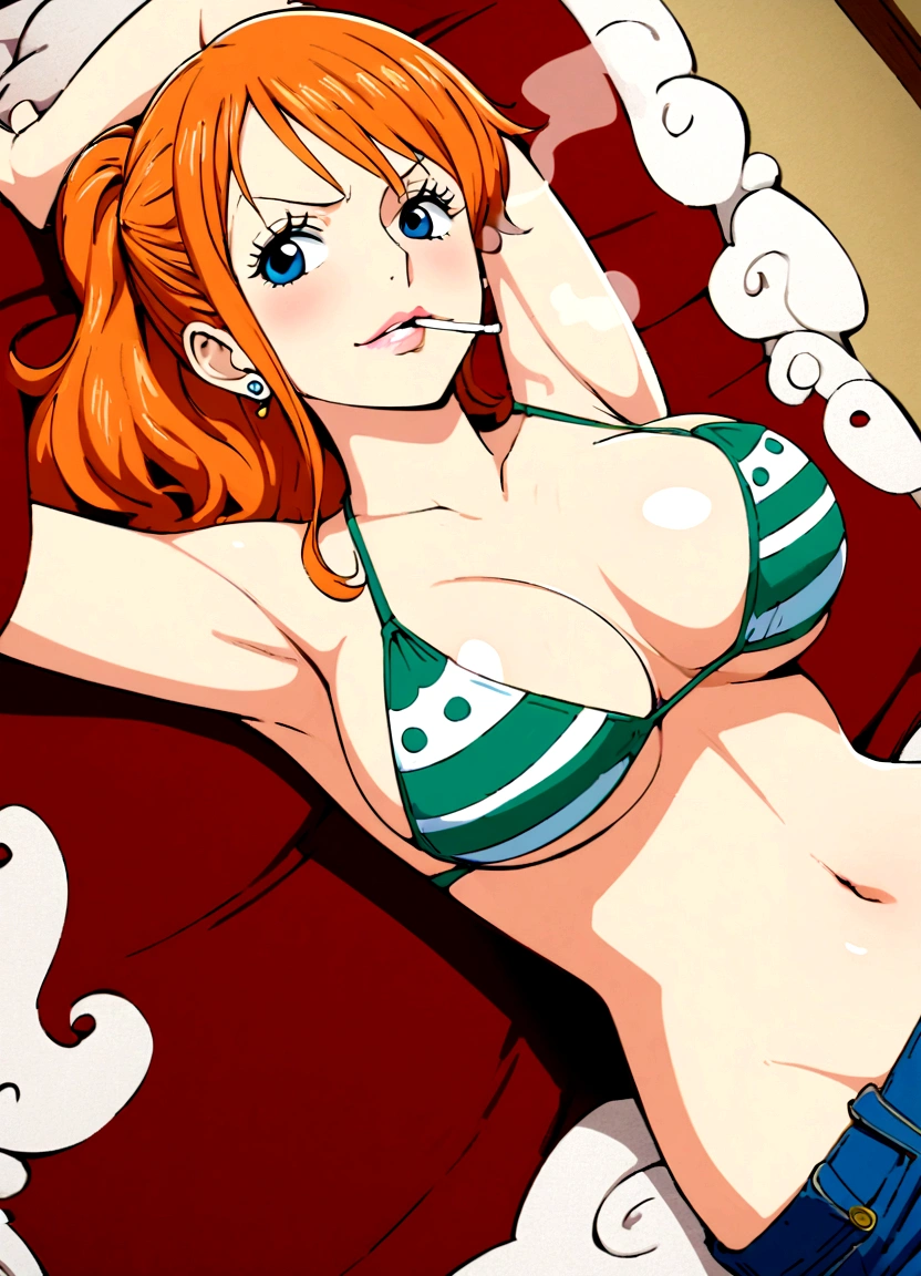 a cartoon picture of a woman in a bikini top and jeans, nami one piece, nami from one piece, nami, beautiful portrait of nami, from one piece, oppai, blue eyes, smoking, ponytail, nsfw