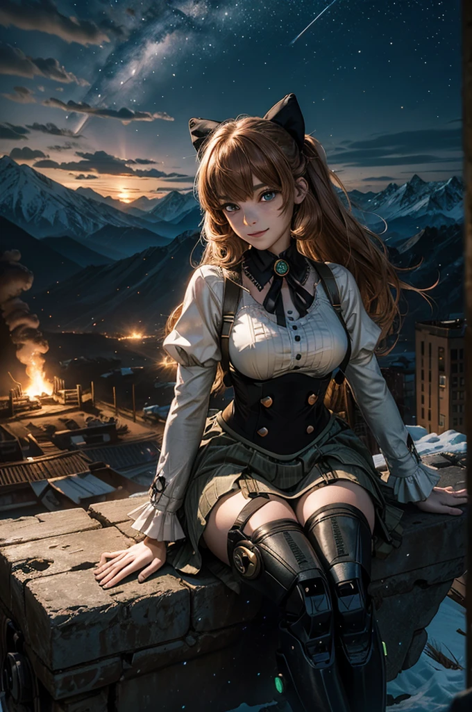 cowboy shot, (dynamic pose), smile,  underbust, Penny Polendina, long hair, neck ribbon, suspender skirt, corset, black bow, white blouse, mechanical legs, neon trim, sitting, ((people in city ruins on hill, overlooking valley)), BREAK night, stars, moon, snow, BREAK mountains in background, waterfall, vehicle wreck, ((people in military uniform)), bonfires, post-apocalypse, dystopian future, (volumetric lighting), intricate details, tonemapping, sharp focus, hyper detailed

