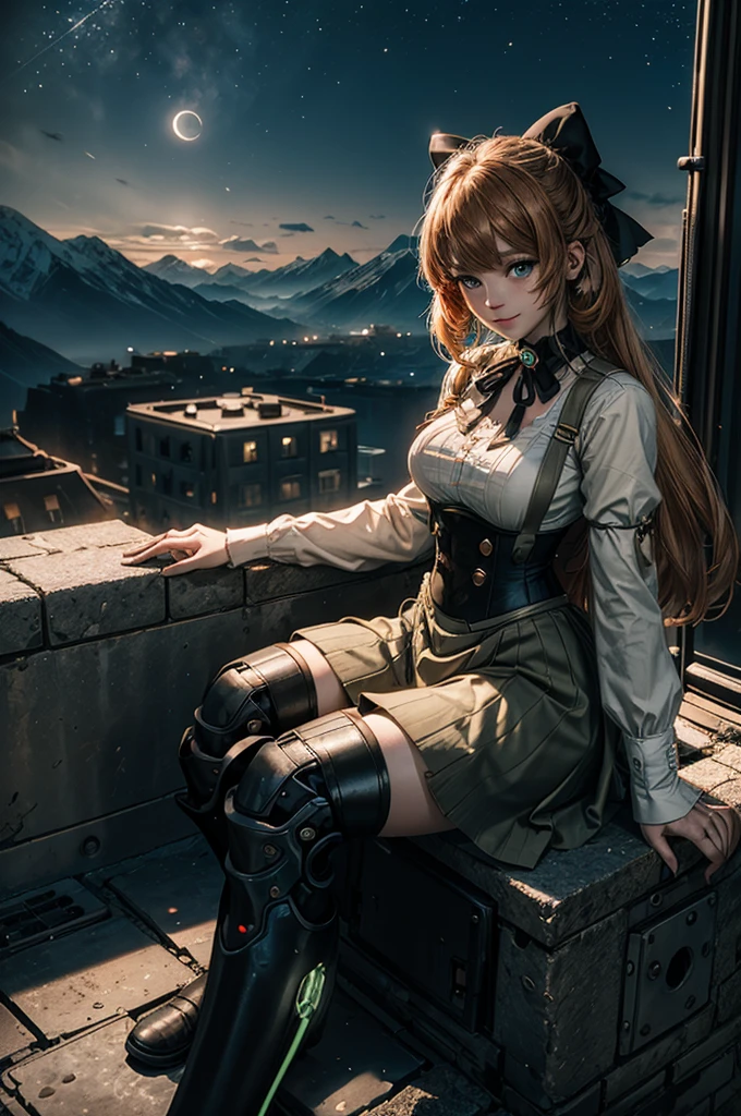 cowboy shot, (dynamic pose), smile,  underbust, Penny Polendina, long hair, neck ribbon, suspender skirt, corset, black bow, white blouse, mechanical legs, neon trim, sitting, ((people in city ruins on hill, overlooking valley)), BREAK night, stars, moon, snow, BREAK mountains in background, waterfall, vehicle wreck, ((people in military uniform)), bonfires, post-apocalypse, dystopian future, (volumetric lighting), intricate details, tonemapping, sharp focus, hyper detailed

