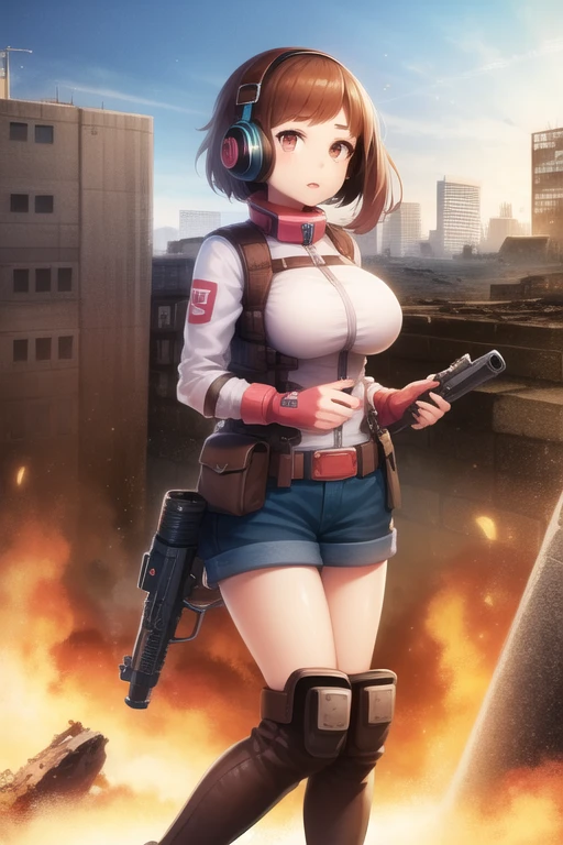 ((high quality)), ((Masterpiece)), 8k, 1 girls, bulletproof vest, Light rays, Extremely detailed CG unity 8k wallpaper, CG game, looking at the viewer, gloves, Boots, whole body, look, computer, face mask, drone, holding gun, headphones, Jacket, (destroyed city background , explosion , smoking ochako uraraka big 