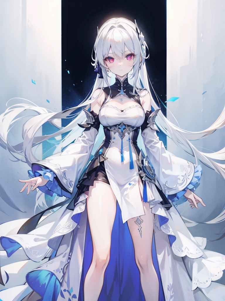 Pale skin, White hair, tails, , Solo,{{Best quality}}, {{Masterpiece}}, {{Ultra-detailed}}, {illustration}, {Detailed light}, Red eyes,Long hair，A revealing, thin dress blue color.