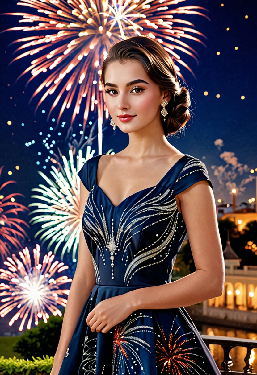 "Elegance and Youth: A Portrait of Modern Beauty"beautiful simri dress, firework in background