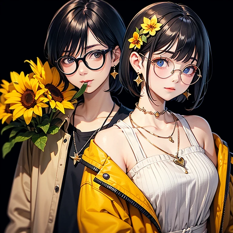 (masterpiece:1.2), Highest quality,The middle of a journey, alone, Colored glasses, jewelry, hair ornaments, View your viewers, Black background, One girl, short hair, blue eyes, Earrings, Simple Background, flower, Upper Body, hair flower, orange-Colored glasses, sunglasses, necklace, Jacket, Mouth closed, flower柄プリント, bangs, Black Hair, compensate, Round Glasses, Earrings