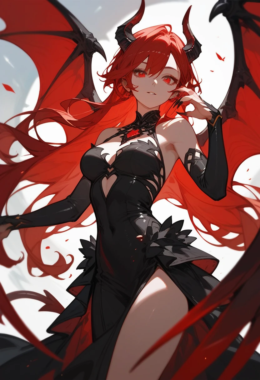(score_9,score_8_up,score_7_up),1girl,girl demon,red hair,red eyes,wings,claws,black dress,beautiful_face,