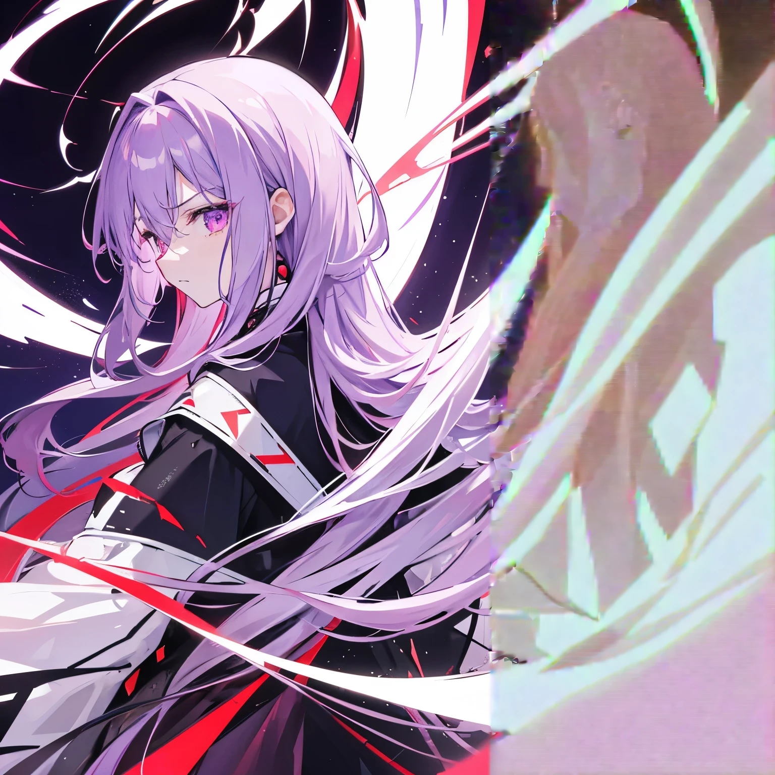 Her hair is long and light purple。He is facing away from me and has a thunder-like aura around him.。The background is red and black, the clothes are white and reddish purple, and the back is not visible.。Very angry。
