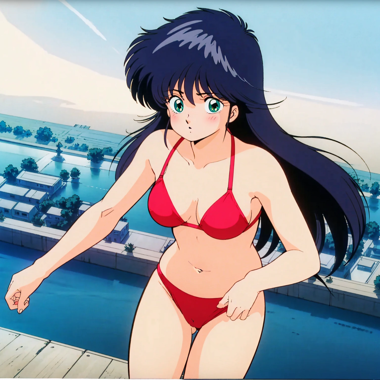 masterpiece, highest quality, disorganized, retro artstyle, 1980s \(style\)))), look viewer, 2 girls, chaseing on the beach, (Madoka Ayukawa, running away long hair, white bikini) (a girl hikaru hiyama chasibg short hair, vermilion one-piece swimsuit),