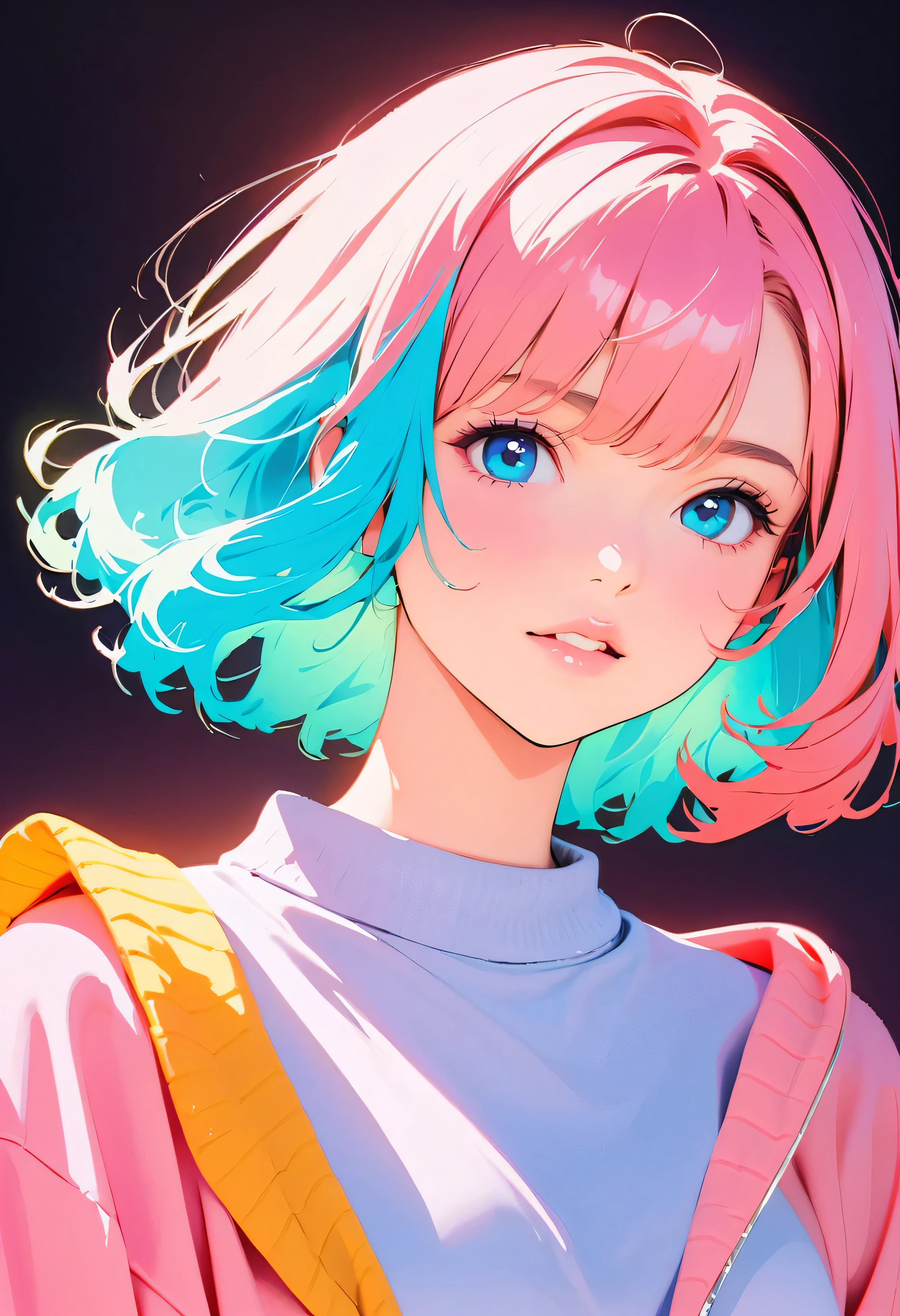 (Highest quality:1.2, City Pop Style, Very detailed, up to date, Vibrant, High Contrast, masterpiece:1.2, Highest quality, Best aesthetics), girl, ((Face Up Shot:1.4)), Colorful Hair, pastel colour, 1980s style, ((Retro, Vintage, Plain background))