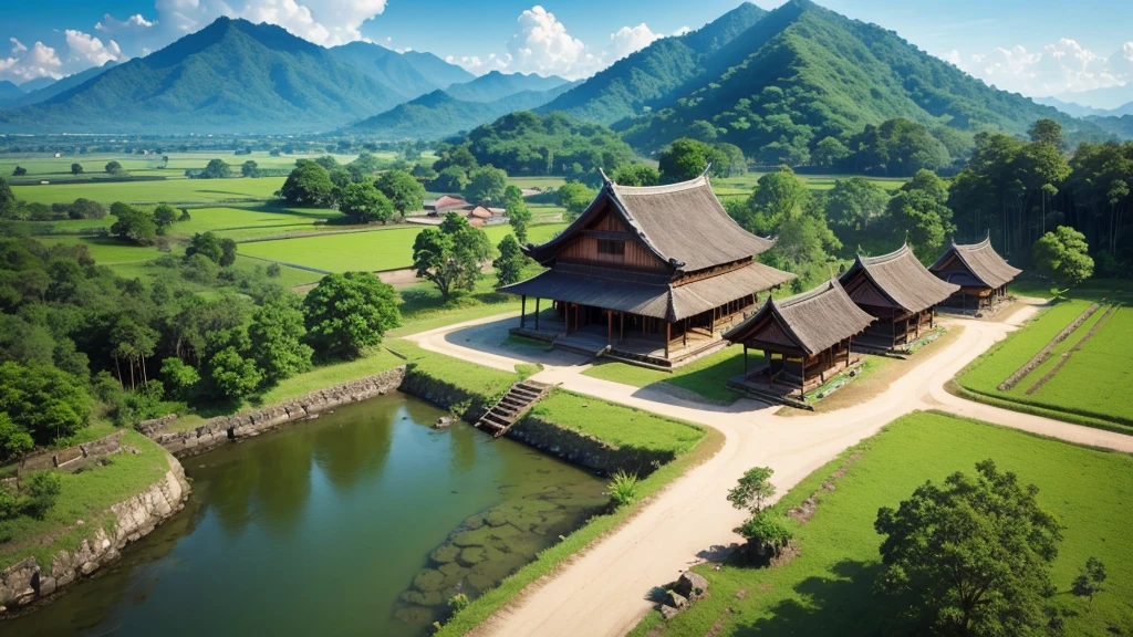Beautiful scenery of ancient village in Malaysia. Aerial view. Photorealistic photos, High definition. 8K