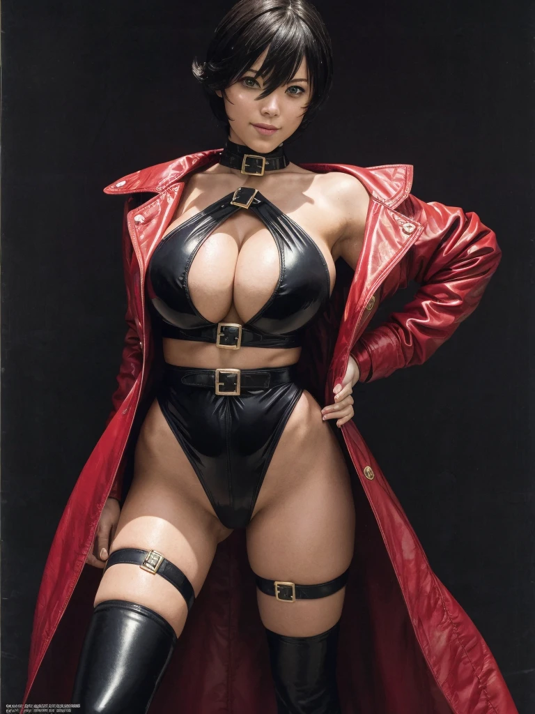 Very Short Hair, (masterpiece、highest quality、Official Art), Beautiful face and dark eyes, Look down, Looking at the audience:1.5, Big smile, Wet Hair, Small Top, Red jacket, Long white boots, garter belt, (Black bondage suit:1.2), Red collar, Red choker, Futuristic black leather mask, Glowing Skin, Standing with your legs apart, Spread your legs wide, Realistic:1.9, Very detailed, Full Body Shot:1.2, Super Heroine, High-resolution RAW color photos, High Detail, Ultimately realistic details, Ultimately realistic texture, Ultimate in exquisite detail, Professional photos, Sexy portrait of a girl, Voluptuous bust, Narrow waist, Cleavage, Trained abdominal muscles, BIG ASS, Complete the whole body, Full body image, No underwear, highest quality, ((background:In town:1.4)), suzune, suzune's clothes