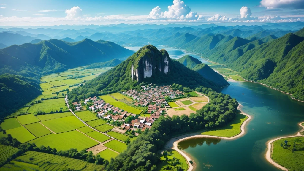 Beautiful scenery of ancient village in Malaysia. Aerial view. Photorealistic photos, High definition. 8K