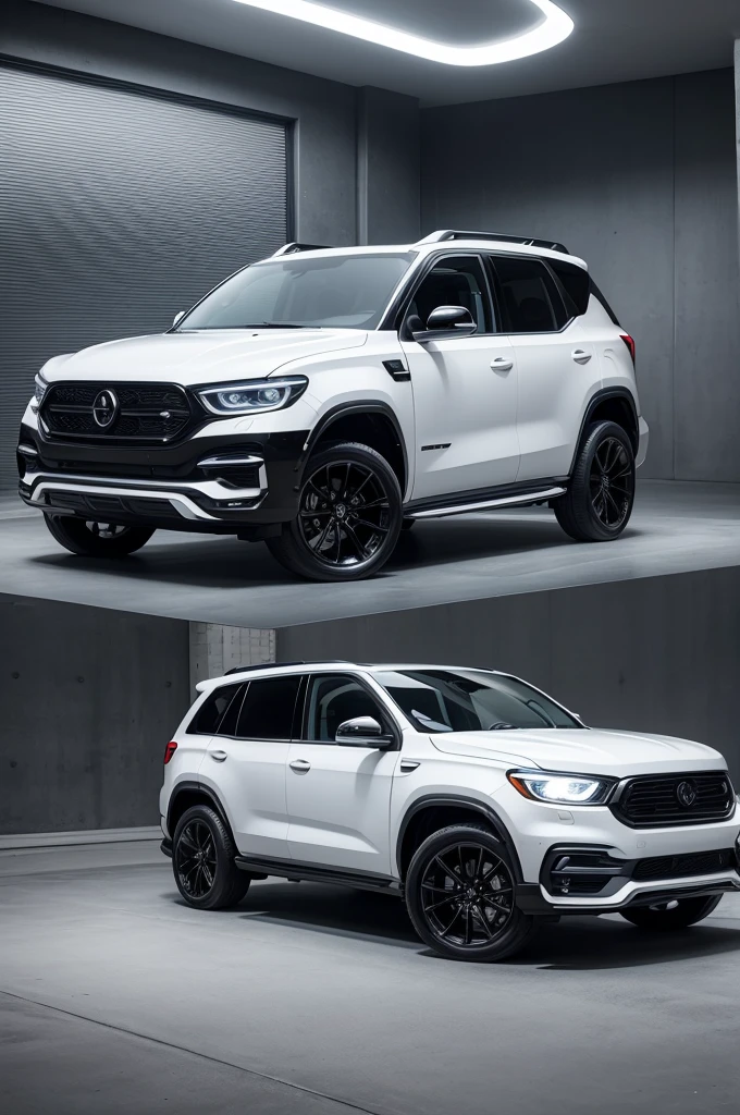 white medium SUV, with super modern design inspired by a black whale, with elegant and striking lines, In the black color, super luxurious and elegant, with small wheels with completely black hubcaps, with large radiator grille, with wave-shaped LED lanterns, with super luxurious and modern LED signature, with medium-sized mirrors, in the dealership parking lot