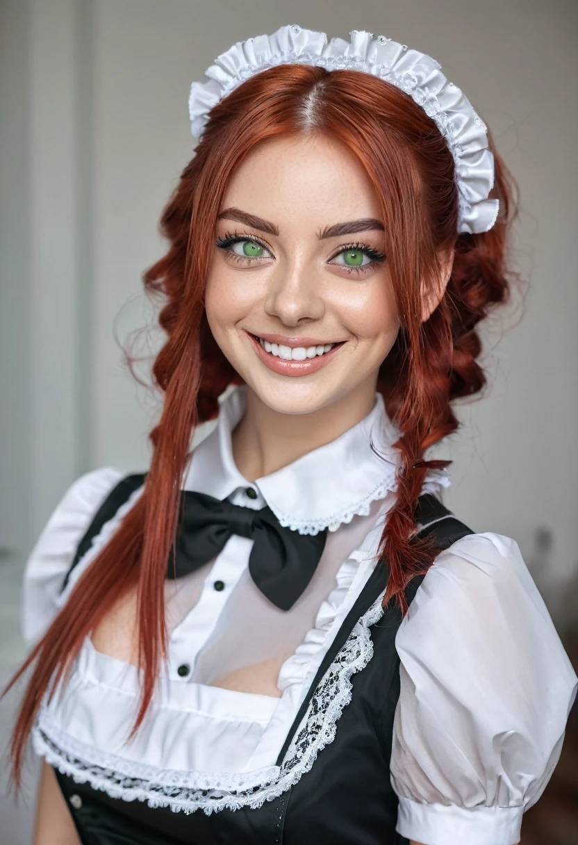 beautiful girl, big smile, big green eyes, long wolfcut red haircut, light makeup, hyperdetailed photography, soft light, extremely realistic, fit girl, in a french maid outfit, full body shot