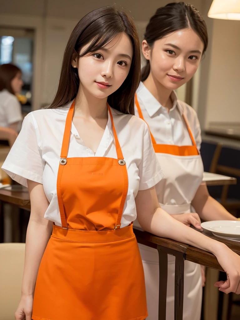 ((highest quality, 8k, Tabletop: 1.3, RAW Photos)), Sharp focus: 1.2, (1. AESPA Girl :1.1), (alone: 1.2), (Realistic, Realistic: 1.37), (Face Focus: 1.1), Cute face, Highly detailed face,Large Breasts,Short, unkempt hair, A small smile, (Orange Family Restaurant uniform:1.2), (orange suspender skirt:1.4), (Orange Apron:1.2), (Orange high-waisted skirt:1.3), (Orange skirt and apron:1.3), (White shirt:1.2), Button gap, Short sleeve, Name tag, Cafe