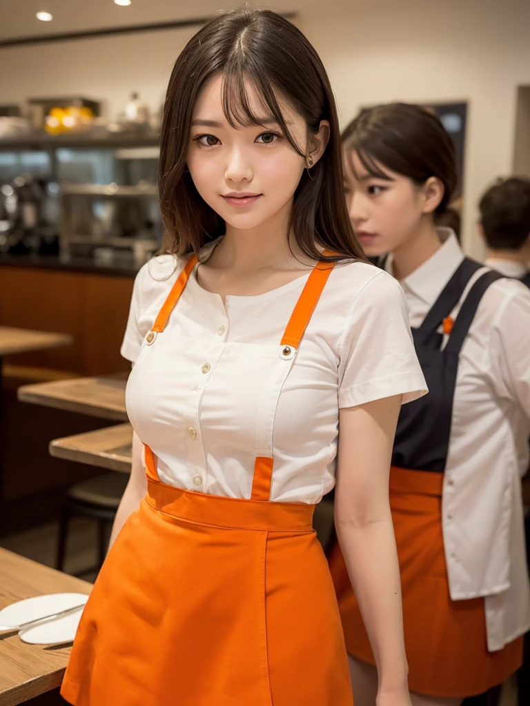 Japan girl with idol face、Cafe Restaurant、NSFW、cleavage of the breast、Ultramammy、SEX、 masturbation、hand job、ハンドジョブ、Micro Panties、((Uniform that emphasizes breasts:1.5))、(Orange Mini Apron)、(Orange high-waisted miniskirt)、(((Orange Underbust Shirt)))、(White shirt)、Short ponytail、bangss、M-shaped legs、masterpiece、top-quality、ighly detailed、Front view、crouching down、waitresses、Sales Smile、Micro shorts、bottom less、The skirt sticks to the skin、Anna Millers、Have a menu、(((Panchira)))、hand job、areola is visible、pubic hair sticks out、Dynamic Poses、(emphasis on the buttocks:1.5)