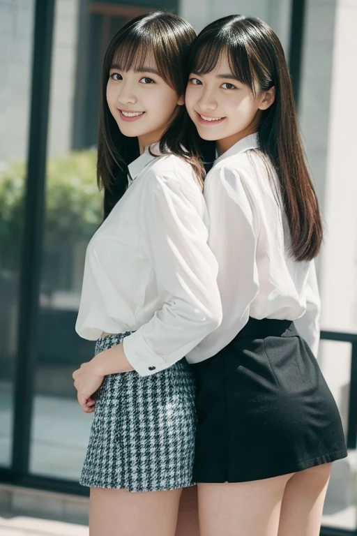 ((Two Women、Worn white shirt、Beautiful appearance)))、(Realistic、Photorealistic、Ultra-detailed、Highest Detail Skin、Highest quality、masterpiece、Ultra-high resolution)、Japanese women、high school girl、Has bangs、double eyelid、Big black eyes、Realistic skin types、Ample breasts、Upper body photo shoot、Blurred Background、Bright lighting from the front、smile、(mini skirt、Thong、Thighs Thighs Thighs Thighs、Protruding buttocks)、Beautiful ass、Detailed buttocks line、