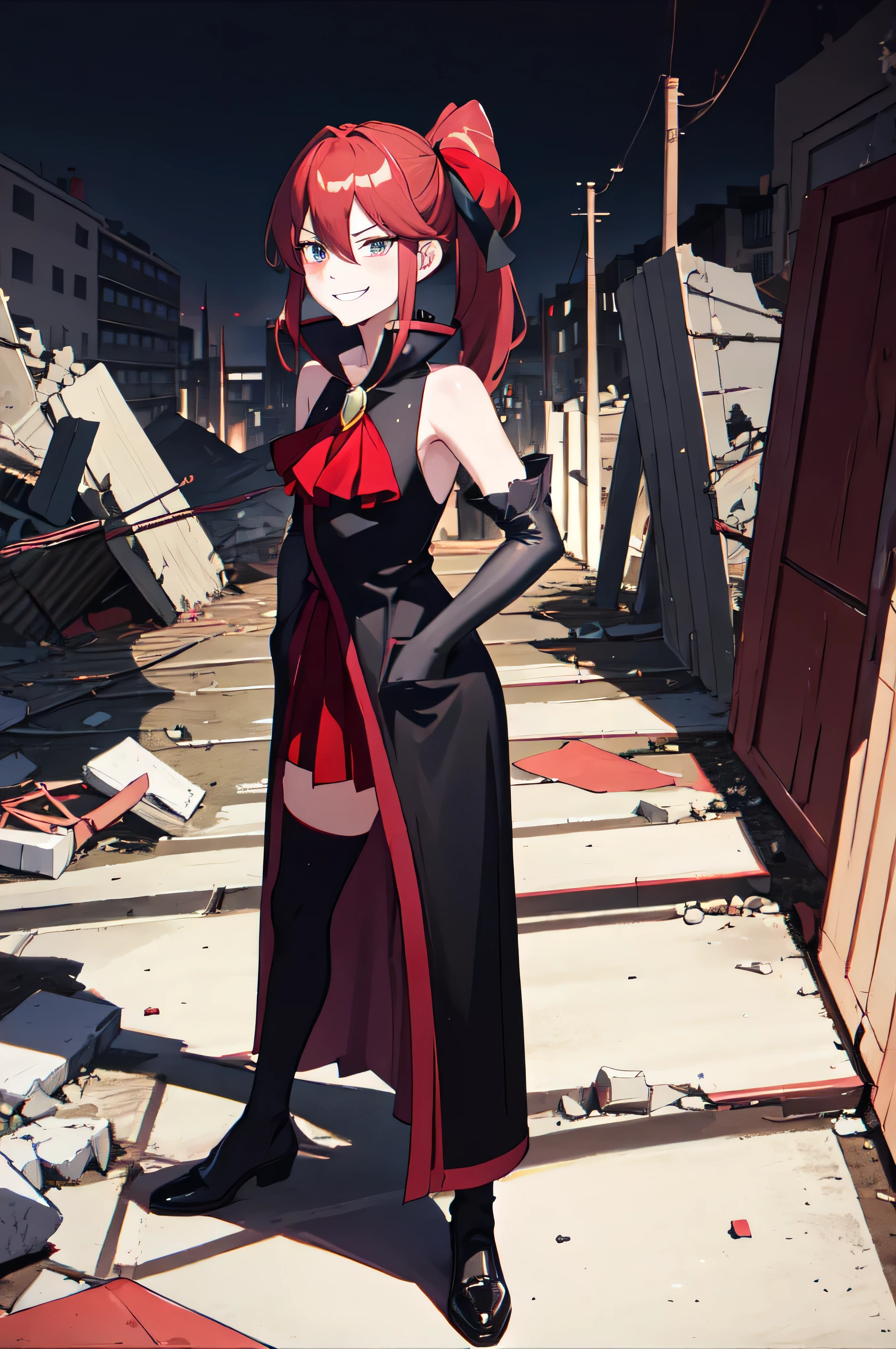 Highest quality, masterpiece, One Girl,Not beautiful, Red Ponytail, Long dress, brooch, Hair Ribbon, - Elbow hand pockets, Black knee socks, Standing on the rubble,Red cityscape, (Wicked Smile:1.1), ,,Dark shadowed face,Sadistic smile,Malice,Contempt,smile,latex,Bad face,,Red Skirt,Raging Thunder