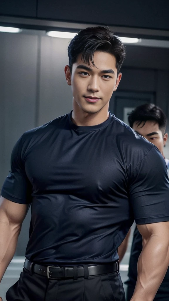 (Create a masterpiece: 1.2),(CGI art:1.3),(realistic:1.5),(After processing:1.3), (Sharp focus:1.3), 1 man, open mouth, smile, (Navy blue round neck shirt:1.3), Navy cargo pants, Korean guy , korean men, (High gloss details), chest muscles, large arm muscles, blood vessel, Big muscles, Broad shoulders, looking at the audience, Balancing the eyes, bedroom
