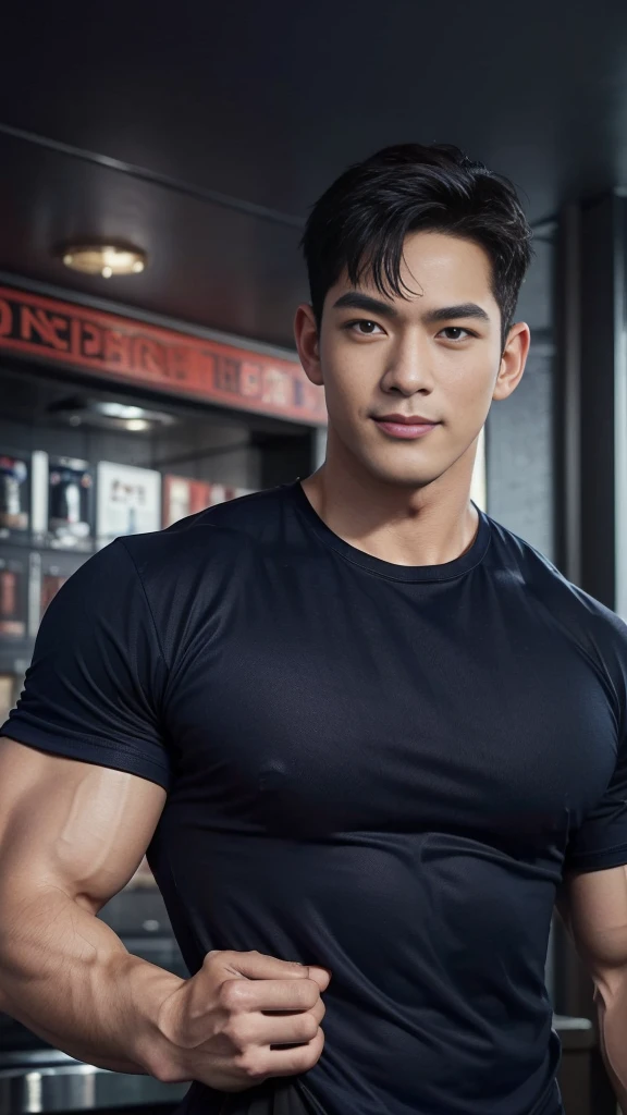 (Create a masterpiece: 1.2),(CGI art:1.3),(realistic:1.5),(After processing:1.3), (Sharp focus:1.3), 1 man, open mouth, smile, (Navy blue round neck shirt:1.3), Navy cargo pants, Korean guy , korean men, (High gloss details), chest muscles, large arm muscles, blood vessel, Big muscles, Broad shoulders, looking at the audience, Balancing the eyes, bedroom