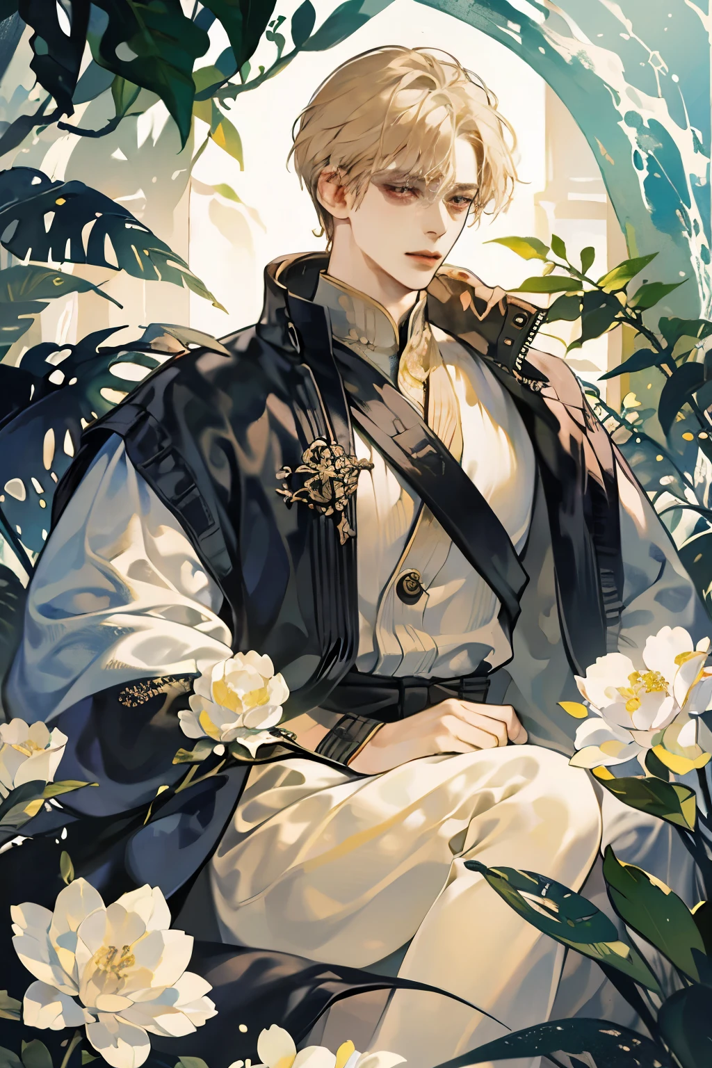 male性,male,Light Hair,good looking,Soft Lighting,water ink,Low saturation,Low contrast,flower,薔薇のflower束,Overbearing and charismatic,Gorgeous,Dignity,Intimidation