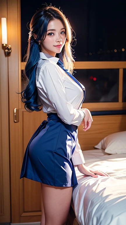 Light clothing、Formal Wear、night景、illumination、blue eyes、blonde、Full body photo、(Look to the side),(Side Shot),Sexy Face、Straight Long Hair_Hair reaching down to the waist、 Complete look、(((masterpiece)))、(Perfect breasts),((Highest quality))、((超Realistic))、成熟したwoman、成熟したwoman、perspective、Very detailed、A smile showing white teeth、Best image quality、Fine-grained image quality、beautiful、Europe, woman, French, woman Italian, Italian, A perfect smile、blue eyes、jewelry, blue eyes, Realistic, High resolution, Glowing Skin, (Detailed face),jewelry, , night, Blue Hair,blonde, Wavy Hair,Attractive appearance, A perfect smile,(stewardess),Cabin attendant,Tight mini skirt,Tight-fitting white shirt,All the buttons on the shirt are undone,Silk Ties,Inside the plane