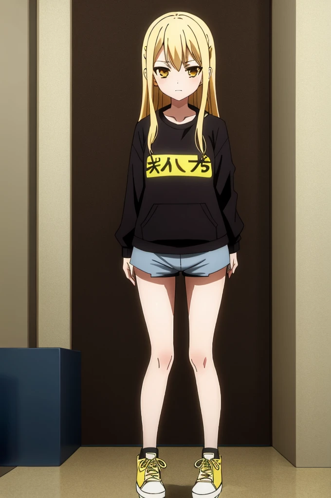 Guideau, blonde hair, solo, yellow eyes, long hair, tight short shorts, t-shirt, Sneakers, Full-length