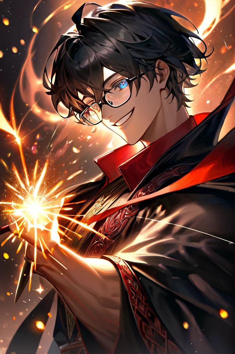 masterpiece, best quality, 1 male, adult, tall muscular, handsome, finely detailed eyes, intricate details, black hair, short hair, smile, solo, upper body, detailed background, detailed face, good sorcerer, black magical robes, determined expression, dark color scheme, dark crimson light, glowing dark magical runes, realistic lighting, floating particles, sparks, surrounded by black lightning red arcane symbols, corrupted by eldritch power, bloom, glasses, evil face, not smile.